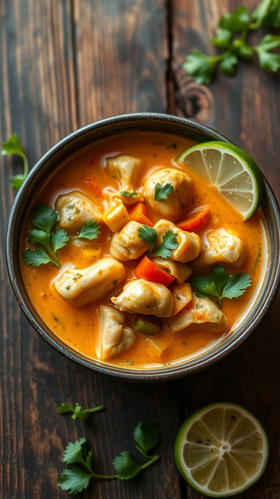 Spicy Chicken Curry Soup Recipe A bowl of spicy chicken curry soup with chicken, vegetables, and cilantro, served on a rustic table.